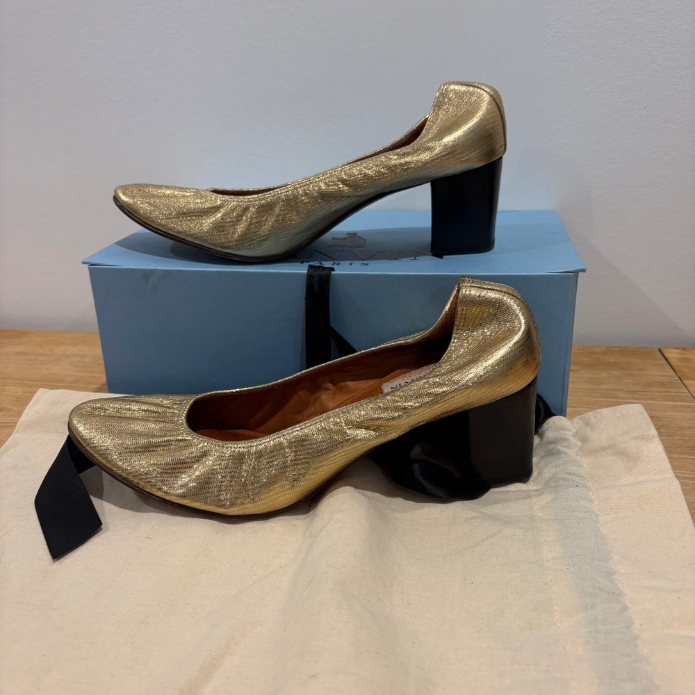 Lanvin Metallic Gold Block Heel Pumps Womens Size 39 Laminated Sheepskin Leather